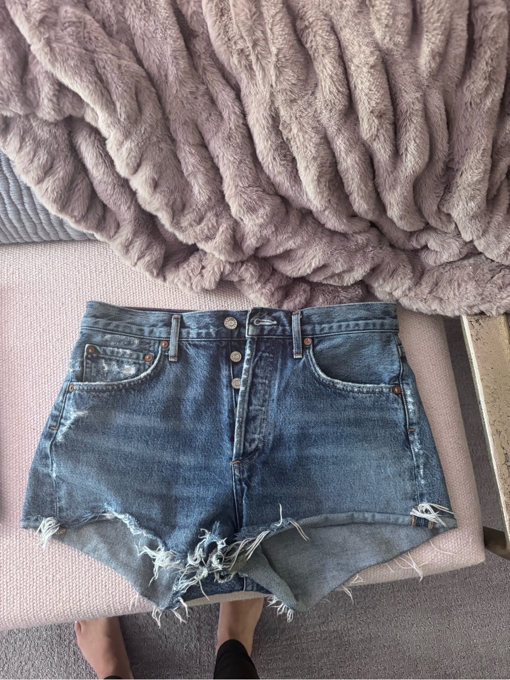 Agolde Distressed Dark Blue High-Rise Denim Jean Shorts